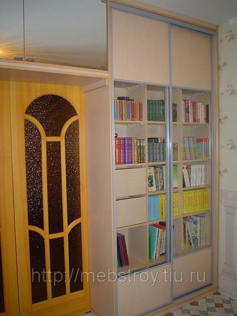 Шкаф-купе для книг со стеклянными дверями встроенный на зака.
