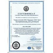 Группа компаний ООО "Завод "Металлокомпенсатор", ООО "Макспром", ООО "Компенсатор" была проверена и признана соответствующей требованиям стандарта ИСО 9001:2008 от 21.12.2012г.