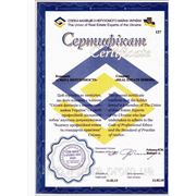 Сертификат о членстве ССНУ (Союз Специалистов по Недвижимости)