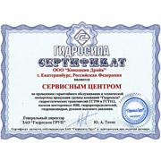 Сертификат сервисного центра группы компаний "Гидросила"