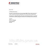 Сертификат эксклюзивного дистрибьютора компании WESTEX