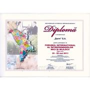 Диплом за участие в интернациональном форуме малых и средних предприятий в 2011 году
