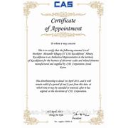 Настоящий Сертификат выдан ИП "CAS KAZAKHSTAN" в лице Хегай Александра в том, что он является полномочным представителем CAS Corporation на территории Казахстан.