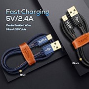 Дата-кабель TOPK Denim Braided Wire USB 2.0 AM/ Micro USB 5V/ 2.4A (Золотой)