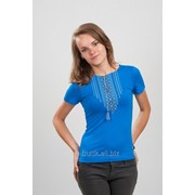 Женская вышитая футболка. Орнамент синяя 42 фото