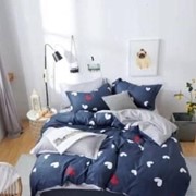 Семейный комплект постельного белья из сатина “Lorida“ Темно-синий с красно-белыми сердечками и серый фото