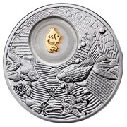 Монеты на счастье. Золотая рыбка - серебряная монета с позолоченной рыбкой во внутренней капсуле (в открытке) фото
