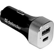 Автомобильный адаптер питания Defender UCG-01 зарядка до 5.4А USB-порт плюс USB Type C-порт, чёрно-серебристый
