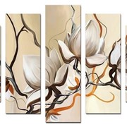 Пятипанельная модульная картина 80 х 140 см Белые цветочки на разноцветных веточках на бежевом фоне фото