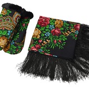 Набор: Павлопосадский платок, рукавицы, черный/разноцветный фотография