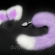 Серебристая анальная пробка с фиолетово-белым хвостиком и ободком-ушками фото