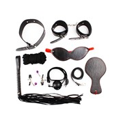 Набор: наручники, маска, кляп, плеть, шлепалка, ошейник с поводком, верёвка, зажимы для сосков фото