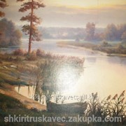 Картина, утро над озером, в деревянной рамке