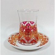Чайный набор 6 персон 160мл Стекло+фарфор. цвет розовый с золотом HEYBELİ KABARTMA