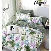 Полутораспальный комплект постельного белья из хлопка “Candie's“ Белый с зелено-розовыми веточками пальм и фото
