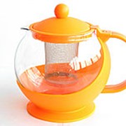 Чайник заварочный, стеклянный, в пластмассовом оранжевом корпусе, с фильтрующей металлической сеткой фото