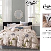 Комплект постельного белья Евро из сатина “Candie's“ Бежевый с веточками с большими синими цветами и фотография