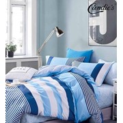 Семейный комплект постельного белья на резинке из хлопка “Candie's“ Бело-сине-голубой с разными полосками и фото