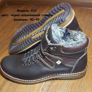Кожаные мужские зимние ботинки модель-333 черно-коричневый глянец фотография