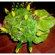 Букет из гидрангии тюльпанов антуриумов и декор. зелени фотография