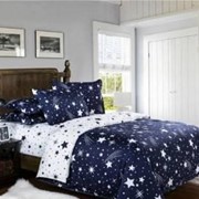 Комплект постельного белья Евро на резинке из сатина “Aimee“ Темно-синий и белый с разными звездочками фотография