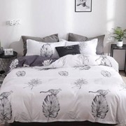 Семейный комплект постельного белья из поплина на резинке “Mency house“ Белый с черными пальмовыми листьями и фото