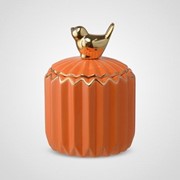 Керамическая Декоративная Оранжевая Банка с Золотистой Птичкой M “Зигзаг“ фото