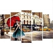 Пятипанельная модульная картина 80 х 140 см Целующаяся пара под красным зонтом в на улицах большого города фотография