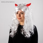 Карнавальный парик с красными рогами, цвет белый, 130 г фото
