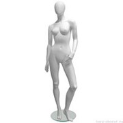 Манекен женский, белый, абстрактный, для одежды в полный рост, стоячий прямо, левая ногасогнута в колене. MD-Glance Matte 12