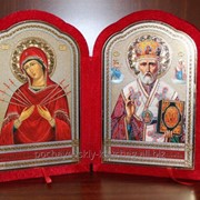 Икона-складень Божья Матерь и Св. Николай 23х16см. { Ручная работа,бархат,золочение}. фото