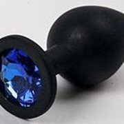 Черная силиконовая анальная пробка с синим кристаллом - 9,5 см. фотография