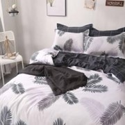 Семейный комплект постельного белья из сатина “Lorida“ Белый с серыми пальмовыми веточками и темно-серый с фото