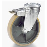 Колеса из полиуретана `ТР`, чугунный диск, вращающаяся опора типа NL с отверстием для болта, с передним фиксатором фото