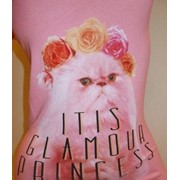 Женская футболка с надписями и котом Розовая
