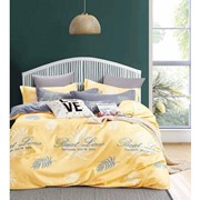 Двуспальный комплект постельного белья из сатина “Boris“ Желтый и серо-голубой с пальмовыми веточками и фотография