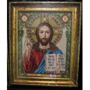 Иконостасы вышитые-Икона ручной работы венчальная пара Иисус Вседержитель вышита чешским бисером в наличии