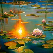 Пейзаж с кувшинками и лилиями маслом на холсте, импрессионизм фото