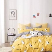 Полутораспальный комплект постельного белья из сатина “Lorida“ Желтый с черно-белыми котиками и надписями и фото