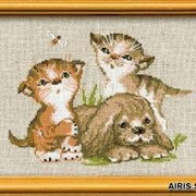 Набор для вышивания крестиком Риолис 673 “Котята и щенок“ 18см.*24см. фотография