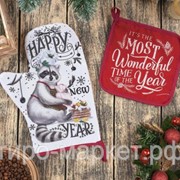 Набор варежка Happi new year 20*28, прихватка 17*17 хлопок фото