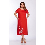 Красное платье-трапеция из льна большого размера на лето р. 56-60 фотография