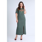 Платье льняное длинное с вышивкой на лифе зелёное M 421-046 р. 48-58 фотография