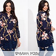 Стильная женская рубашка декорирована гипюром (2 цвета) НВ/-40330/1 - Синий