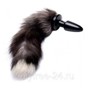 Черная анальная пробка с серым лисьим хвостом Grey Fox Tail Anal Plug фотография