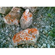 Камень дикий с оранжевым мхом для ландшафтных горок и водоемов. фотография