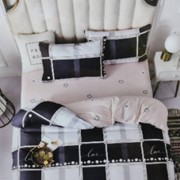 Полутораспальный комплект постельного белья из сатина “Lorida“ Черно-белый в клетку с полосами и пудровый с фотография
