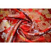 Китайский шелк (костюмный) красный с белыми цветами (ширина 140 см) фотография