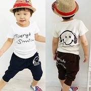 Одежда детская Free shipping!! Retail one set baby boys smile face clothing sets summer sports cotton sets Navy/Coffee colors, код 1063515135 фото
