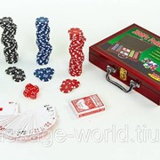 Набор для покера в деревянном кейсе (200 фишек с номиналом, 2 кол.карт,5куб) фото